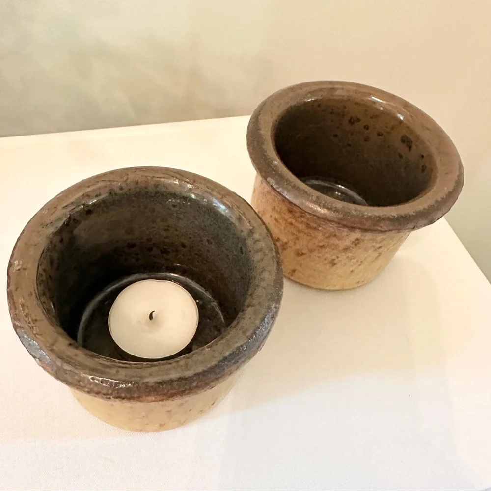 Handmade Ceramic Stoneware Pottery Bowls Votive Planter Set of 2 Brown Tan